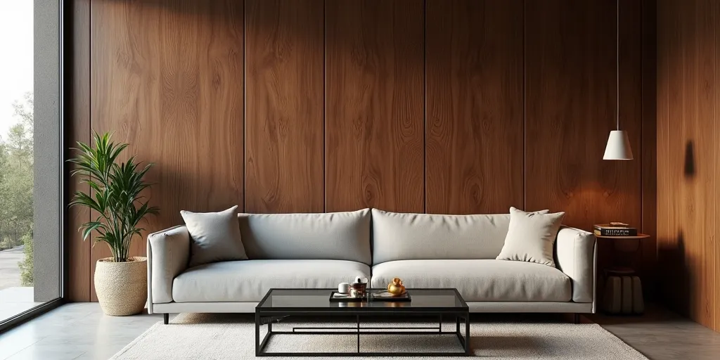 What furniture placement highlights wood paneling as a focal point?