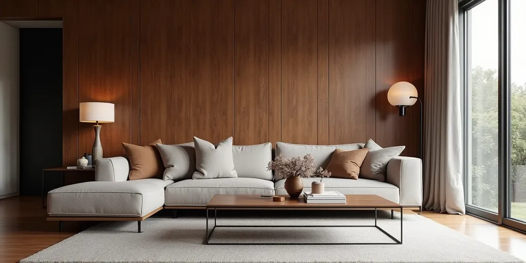 How can furniture, decor, and lighting complement wood paneling for a stylish living room?