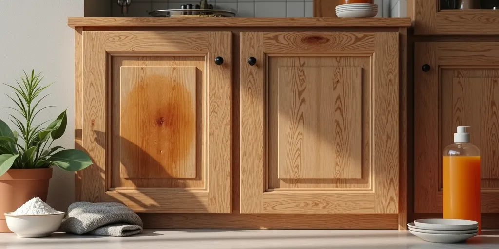 How can you effectively clean wood cabinet doors?