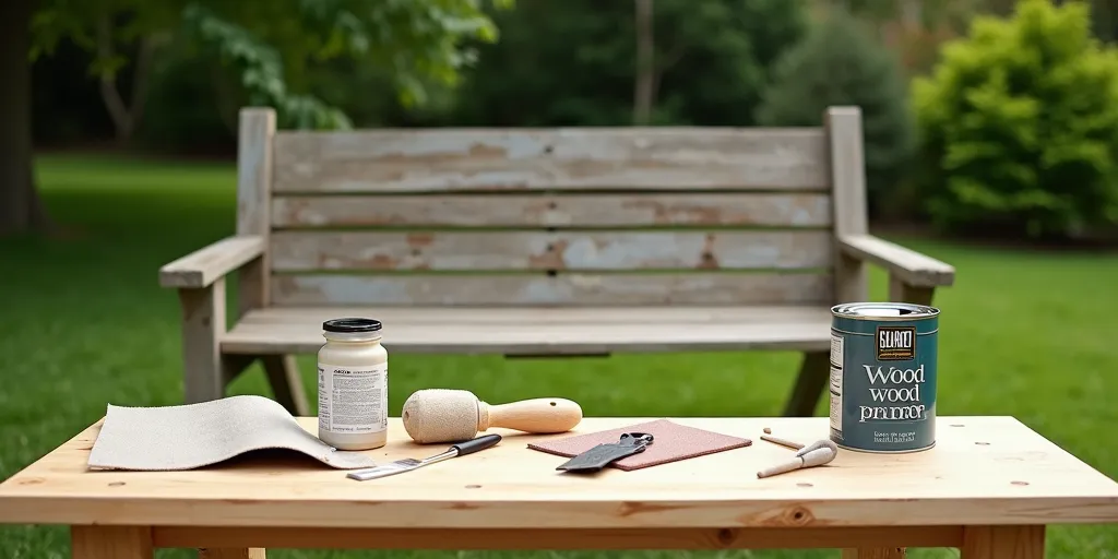 How do you prepare the wooden bench before painting?