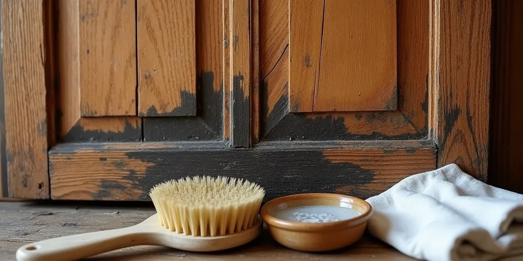 How can you remove stubborn stains from old wood paneling?