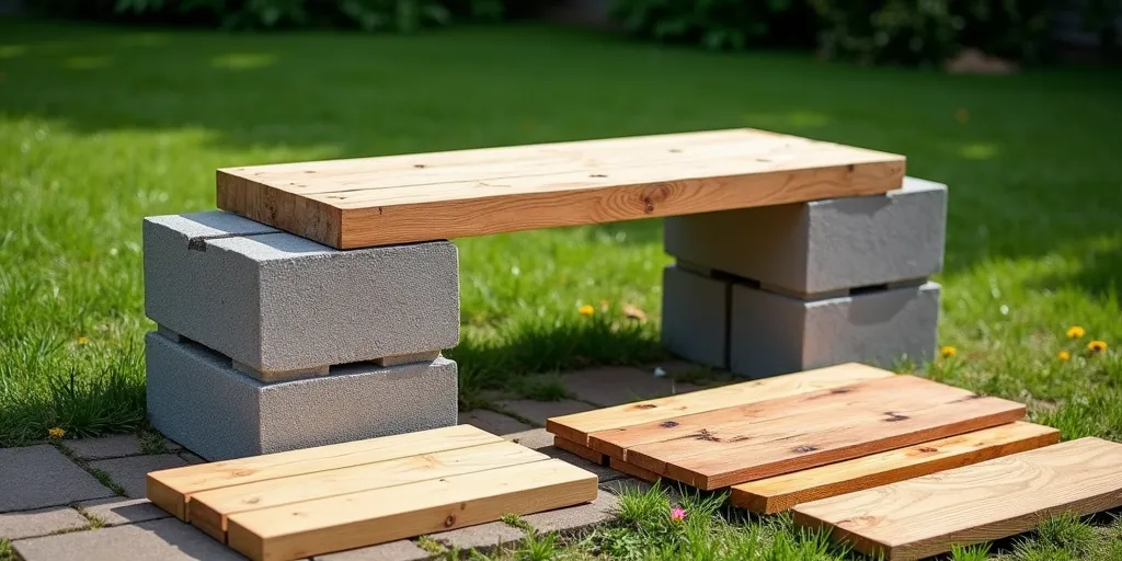 What steps are involved in constructing a bench using cinder blocks and wood?