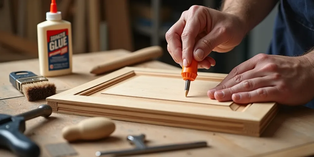 When should wood glue be used to repair pressed wood cabinet doors?