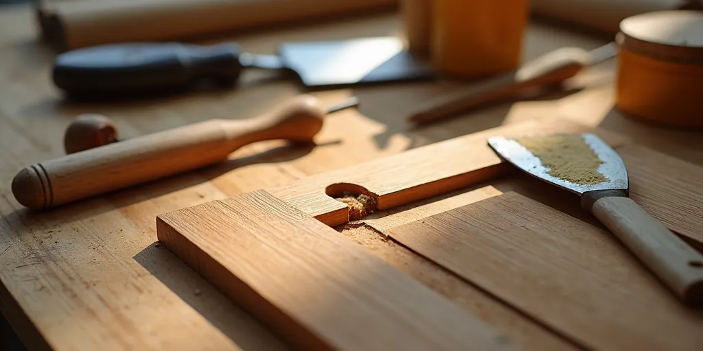 How do you apply wood filler to fill cabinet holes?