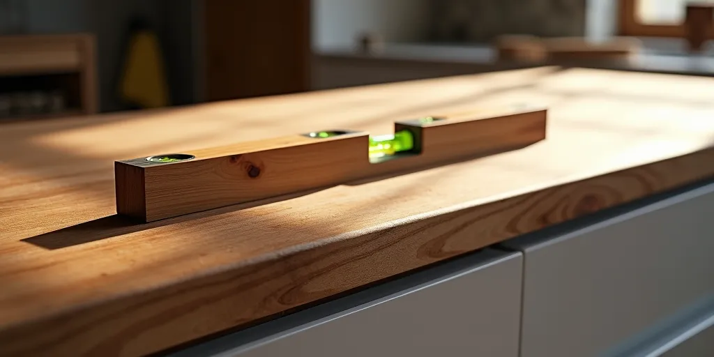 How can you ensure a wood countertop is level when attaching it to a cabinet?