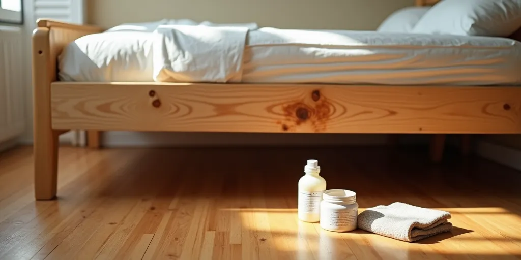 What is the best way to remove stubborn stains from a wooden bed frame?