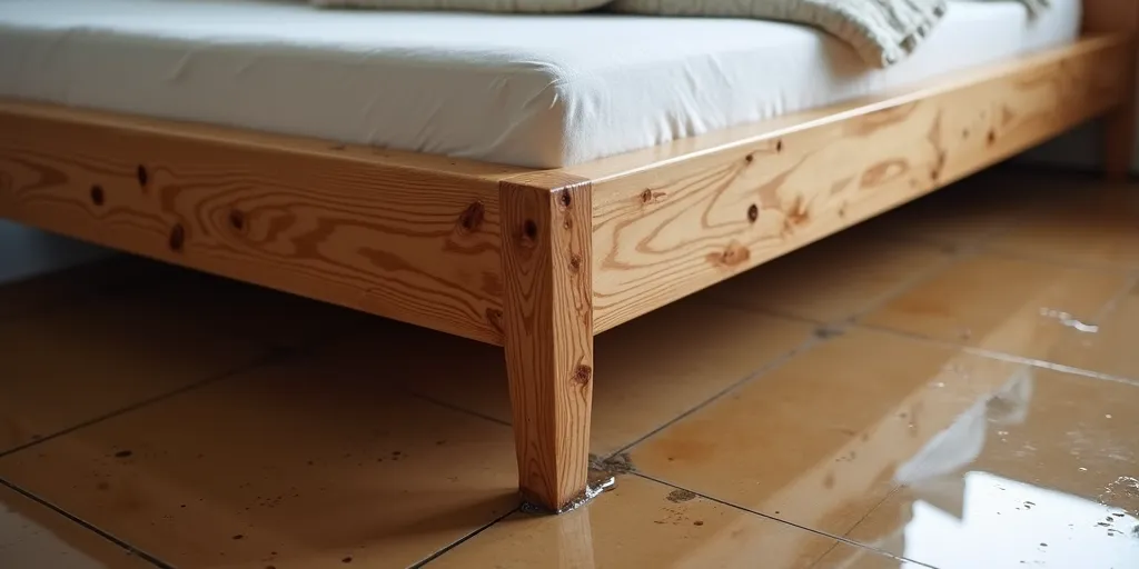 Why is it important to avoid using excessive water when cleaning a wooden bed frame?
