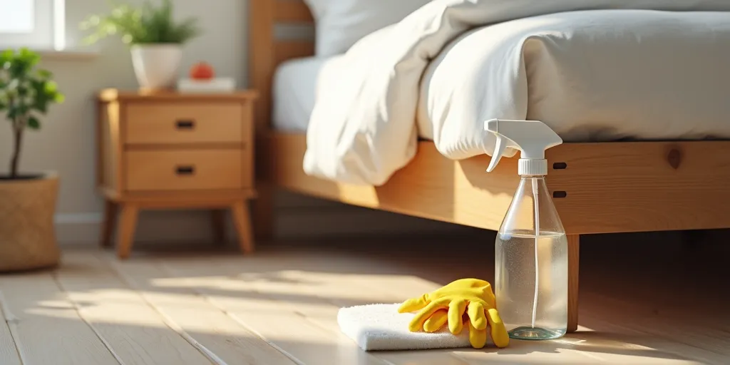 What solution can be used to clean mold off a wooden bed frame?