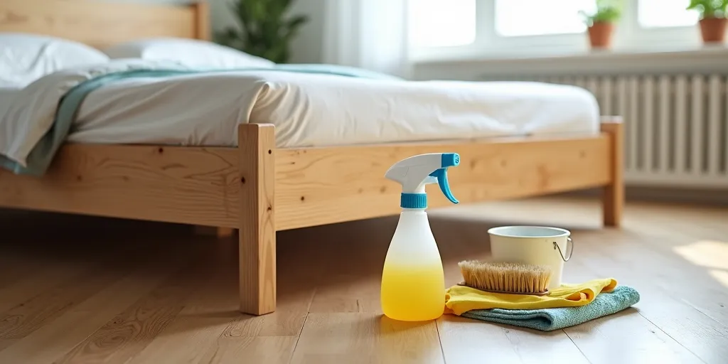 What tools are recommended for scrubbing mold off a wooden bed frame?