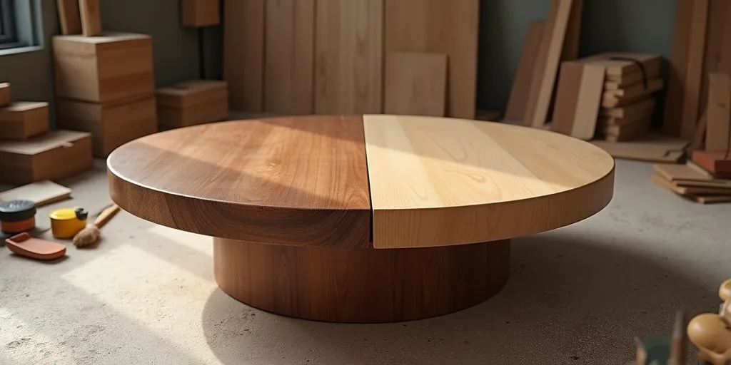 How can you customize the finish of a round wood coffee table to match your aesthetic preferences?