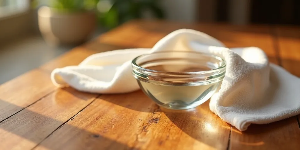 How does vinegar help in disinfecting and deodorizing wood furniture?