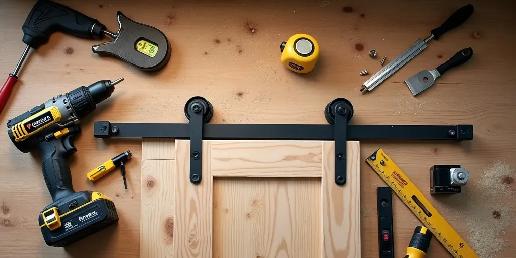 What materials and tools are needed to install a header board for a barn door?