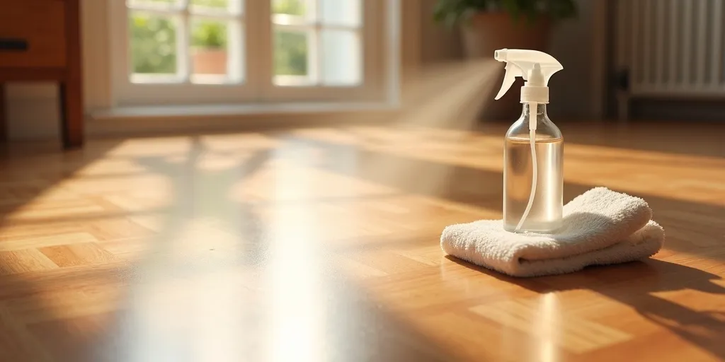 How do you apply the cleaning solution to wood floors?