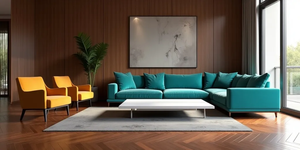 How do contrasting furniture colors enhance dark wood floors?