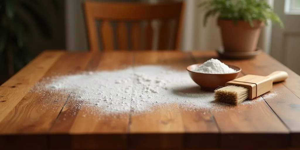 How can baking soda assist in eliminating smoke odor from wood furniture?