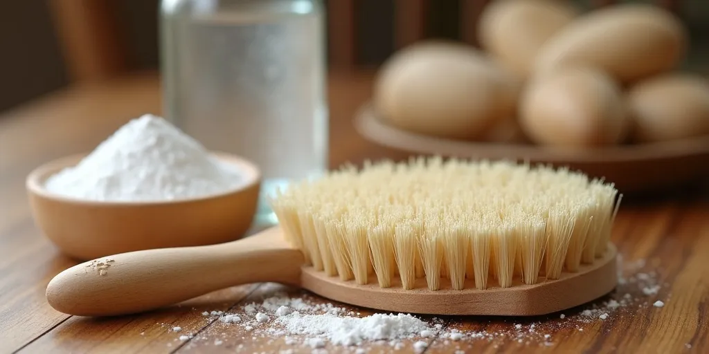 What tools can be used to scrub mold off wood furniture?