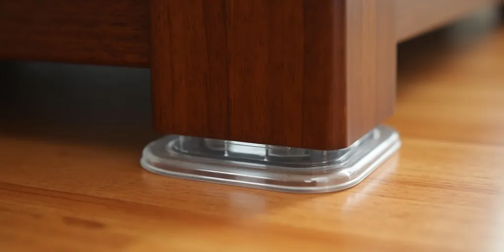 How do caster cups help distribute weight and prevent bed sliding on wood floor?