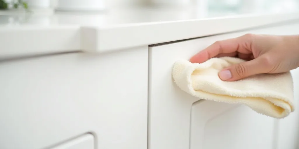 What is the first step to clean white wood kitchen cabinets?
