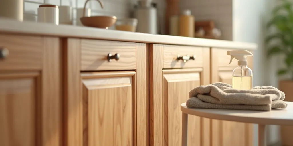 What steps are involved in cleaning wood kitchen cabinets?