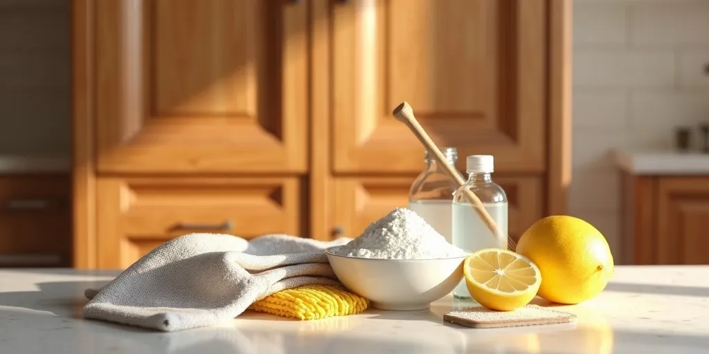 How can you remove tough stains from wood kitchen cabinets?