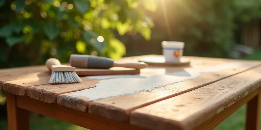 How do you prepare the surface of an outdoor wooden table before painting?