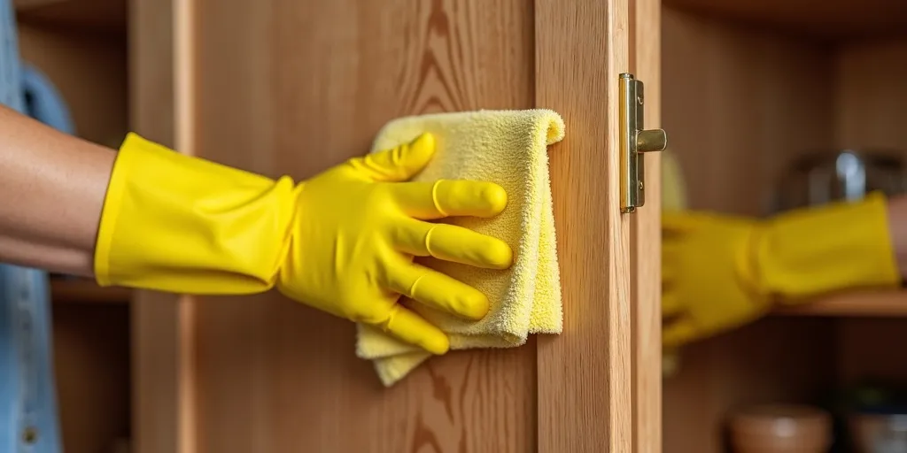 What is the first step to clean old wood kitchen cabinets?