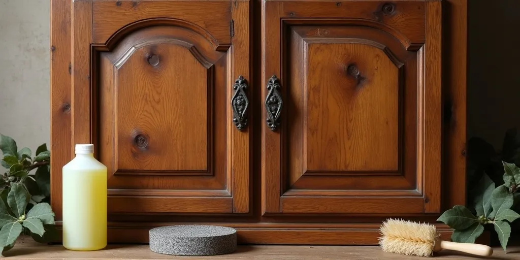 What should you avoid using when cleaning old wood kitchen cabinets?
