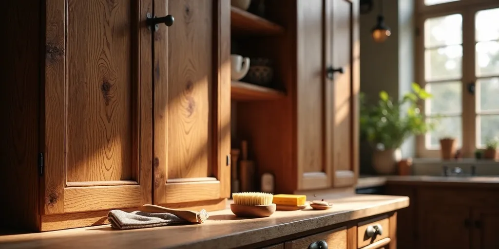 How can you restore the natural shine of old wood kitchen cabinets?