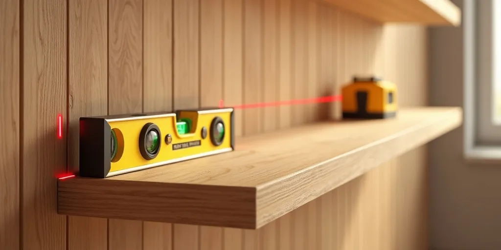 How do you ensure shelves are straight and even when installing on wood paneling?