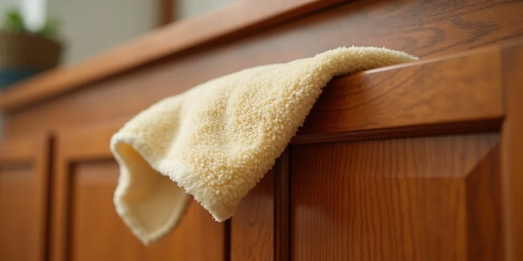 What is the first step to safely clean wood kitchen cabinets?