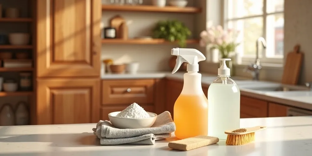 What is the recommended method for cleaning wood kitchen cabinets safely?