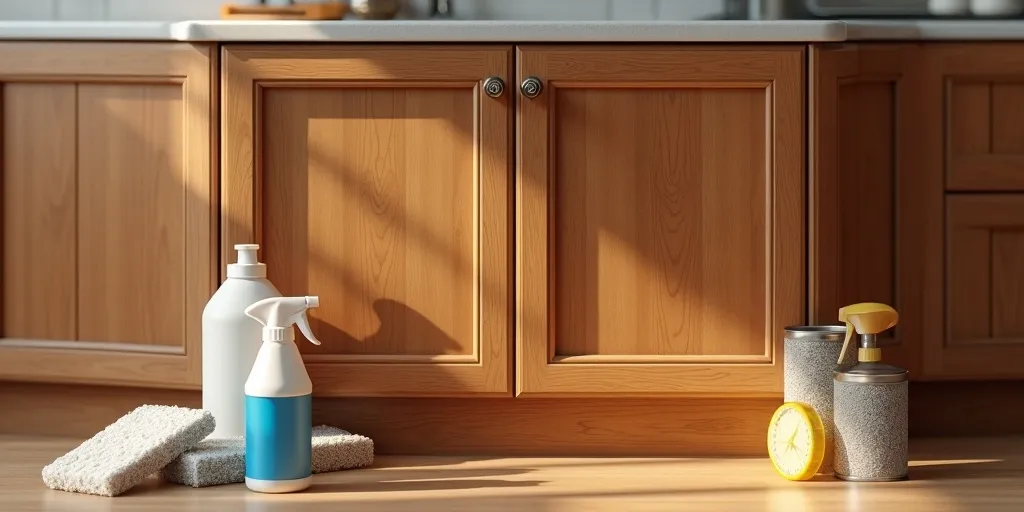 What should you avoid using when cleaning wood kitchen cabinets?