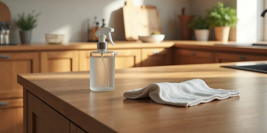 How do you prevent water damage when cleaning wood kitchen cabinets?