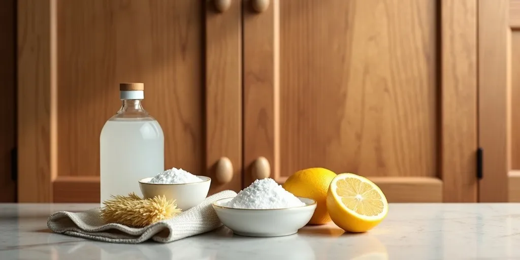 How can you remove stubborn stains from wood kitchen cabinets?