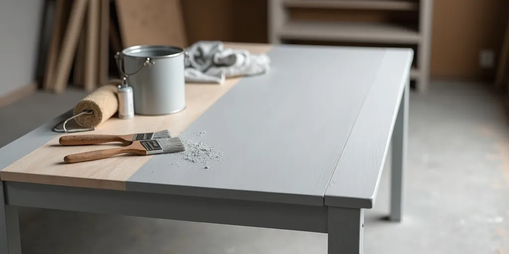 What steps are involved in painting a wooden table grey?