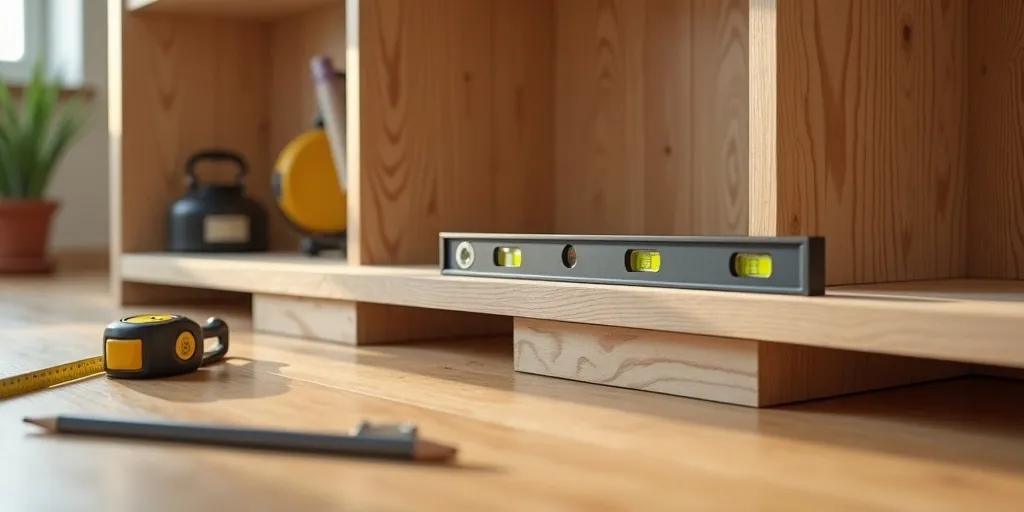 How do you ensure the shelves are level when installing?