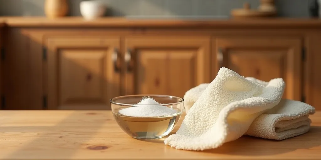 What is a simple natural solution for cleaning wood kitchen cabinets?
