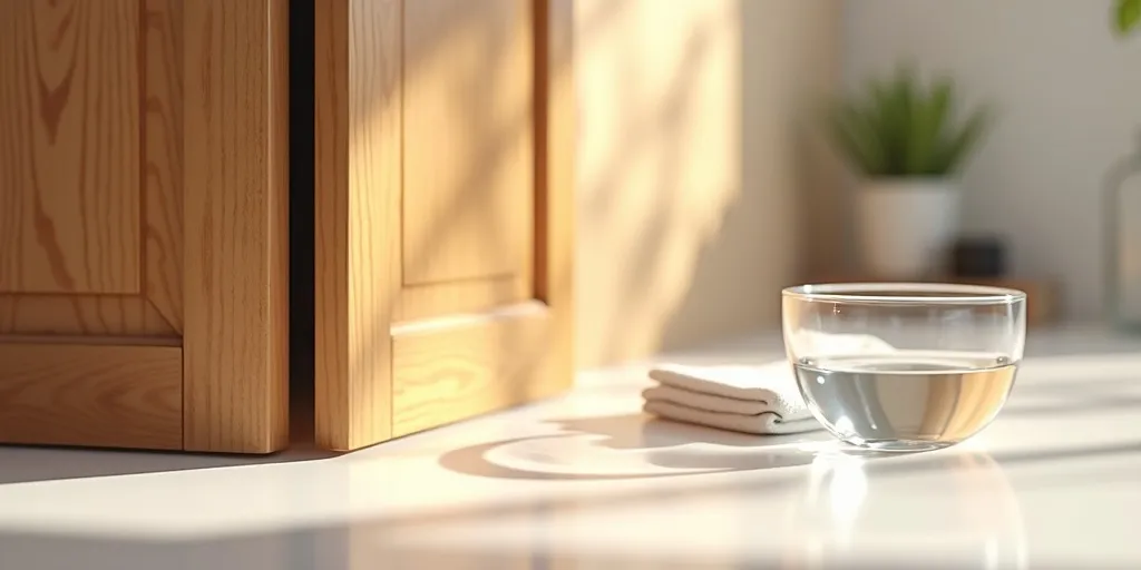 How can vinegar and water mixture help clean wood kitchen cabinets?
