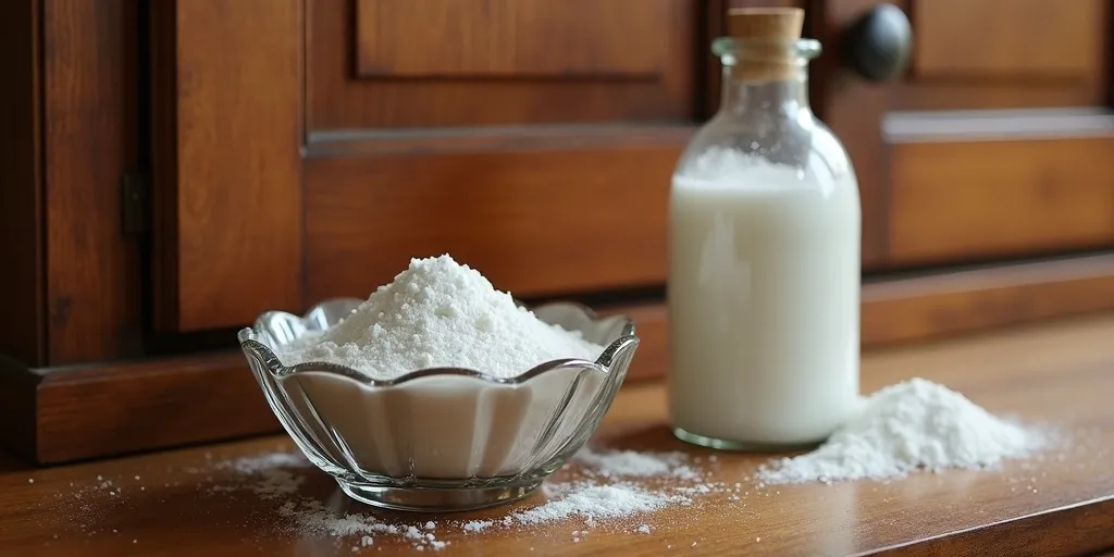 What additional ingredient can be used for tougher stains on wood cabinets?