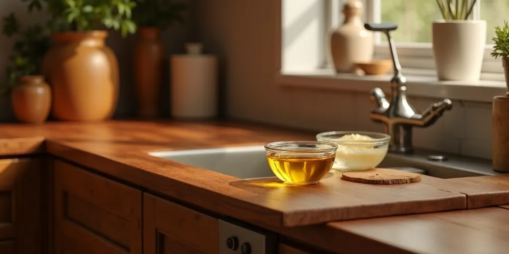How can olive oil or coconut oil be beneficial for wood kitchen cabinets?