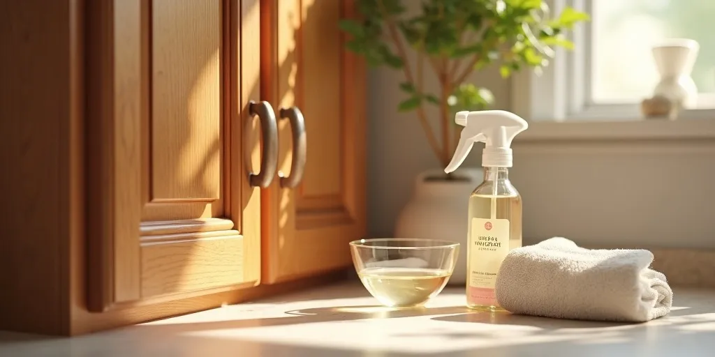 What are gentle cleaning solutions for wood cabinets?