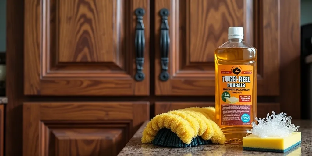 What should be avoided when cleaning wood cabinets?