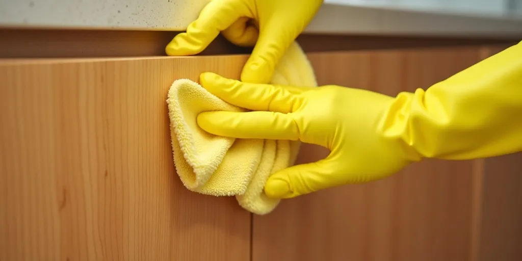 What is the first step to clean dirty wood kitchen cabinets?