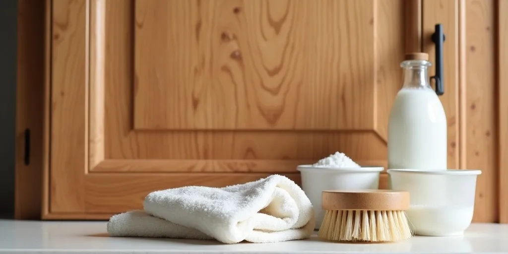 What is the best method to clean wood kitchen cabinets effectively?