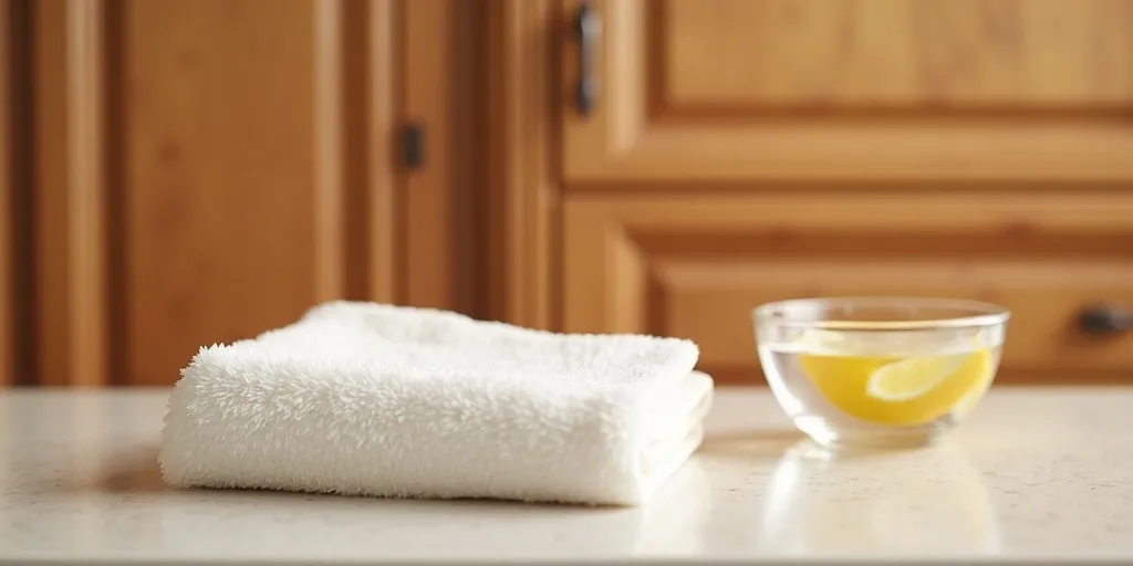 What is a gentle method to clean grease off wood kitchen cabinets?