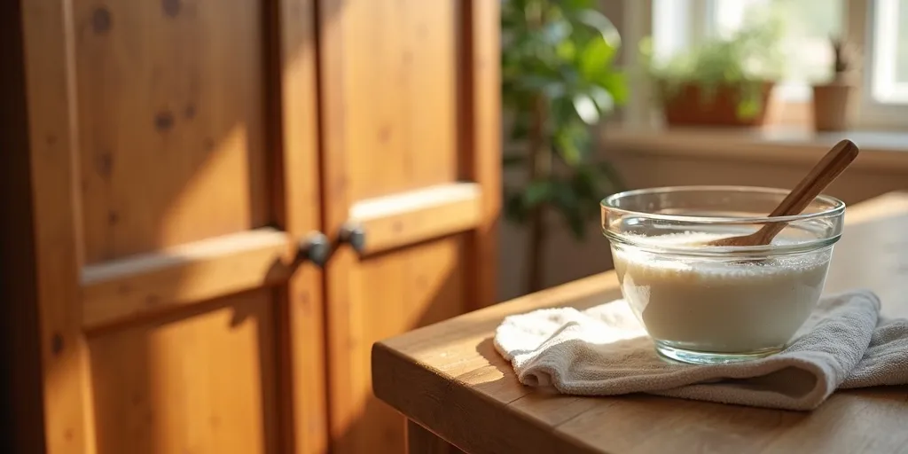 What is a natural solution to remove grease from wood kitchen cabinets?