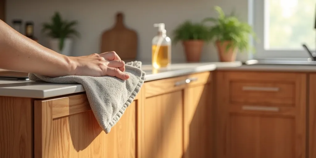 How can you ensure wood kitchen cabinets are well-maintained while cleaning off grease?