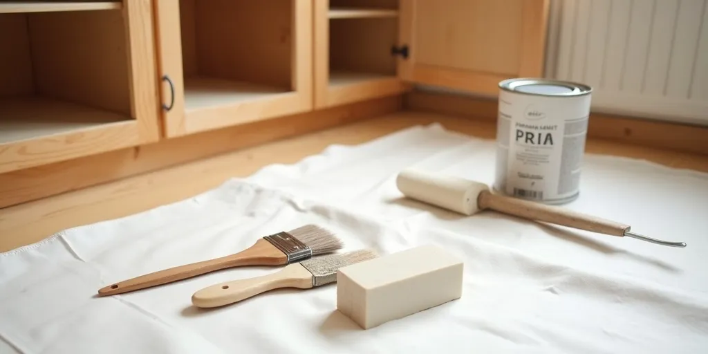 How do you prepare the cabinets before painting?