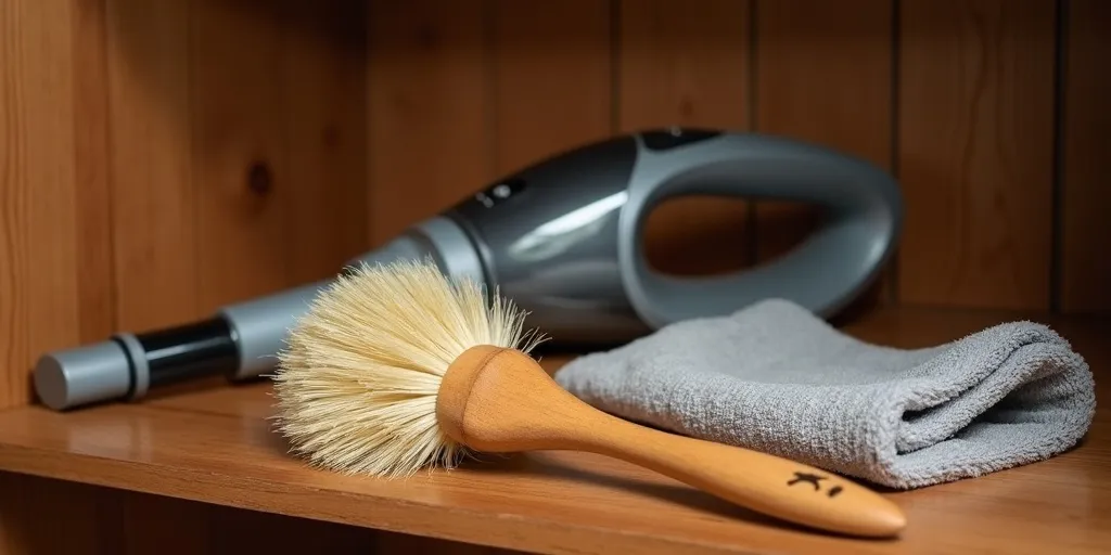 What tools can be used to dust wood shelves?