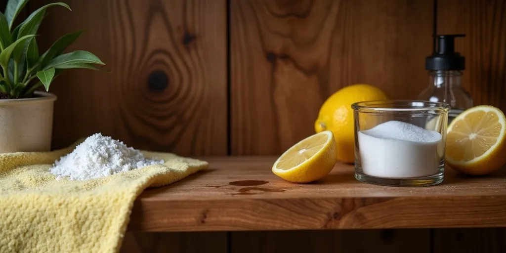 How can you remove stubborn stains from wood shelves?
